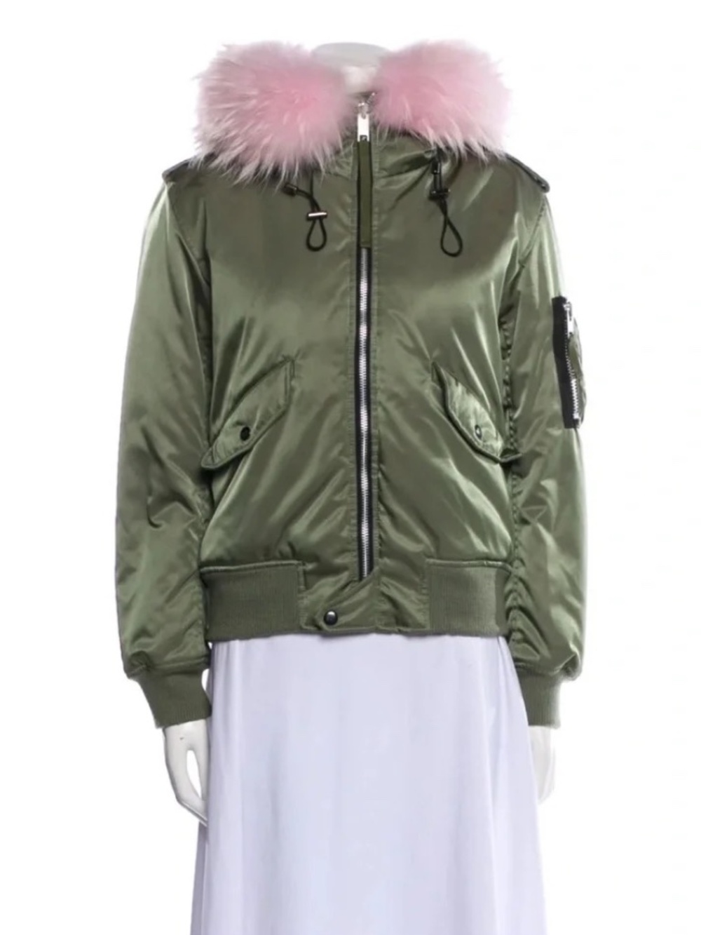 SAM. New York Olive Green Nylon Bomber Jacket Pink Raccoon Fur Hood Size Small